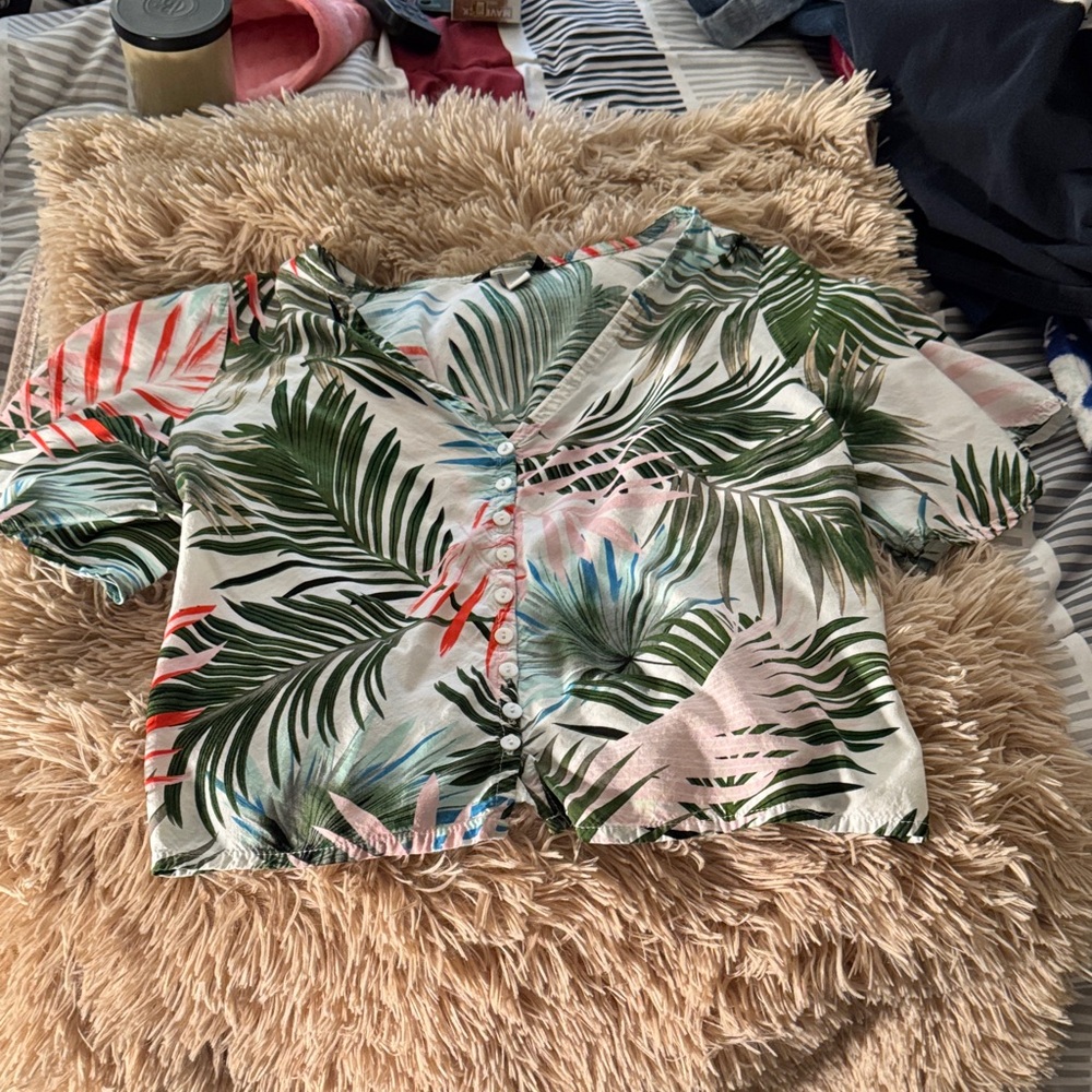 Leafy Green and Pink Button-Up Blouse